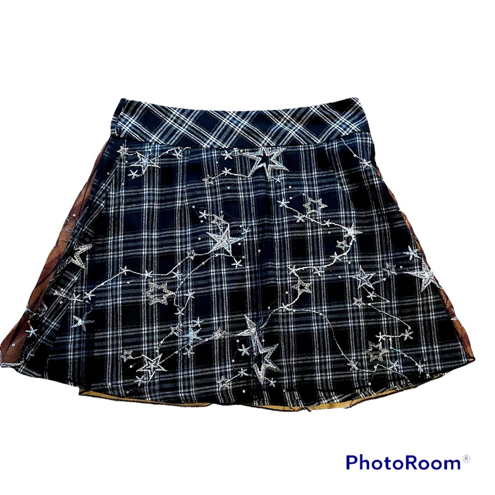 Black & White Plaid with Silver Stars Mini-Skirt